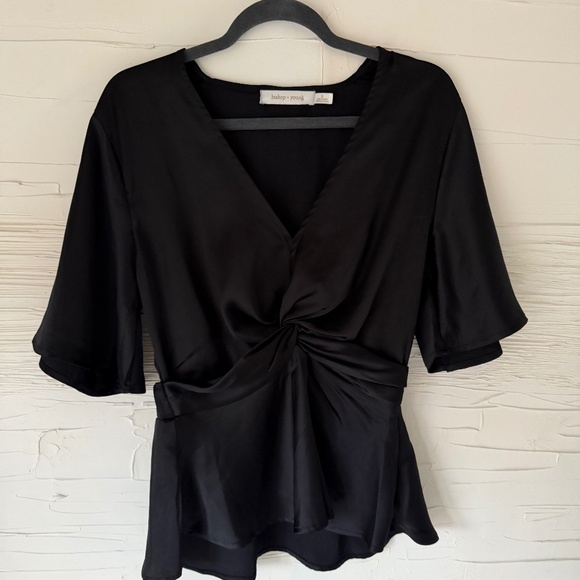Anthropologie | Bishop + Young Black Satin Twist Front Top | Small - Picture 2 of 8